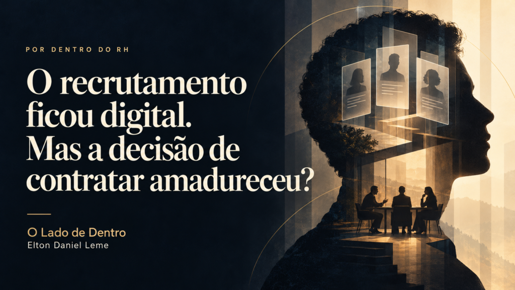 Capa sobre recrutamento digital, com perfis de candidatos e pessoas reunidas à mesa dentro de uma silhueta humana.